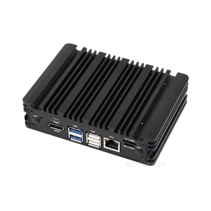 Industrial edge gateway with a black finned enclosure and front-facing Ethernet, USB and HDMI connections